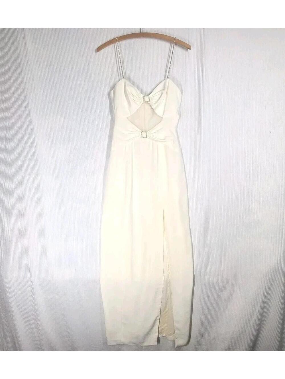 Vtg Y2K Illusion Cutout Prom Dress High Slit Rhinestone Straps Buckles Ivory 2